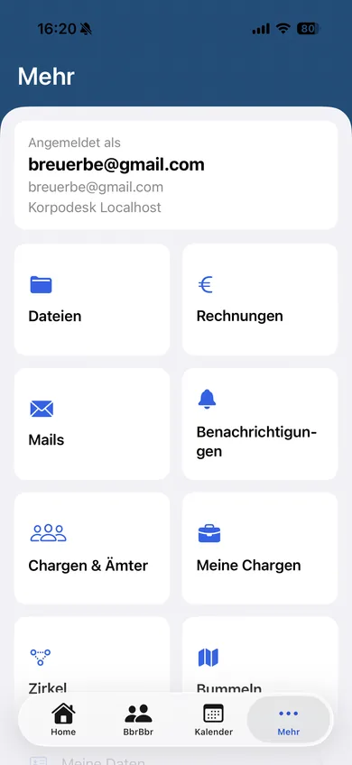Weitere Bereiche in der Korpodesk-App